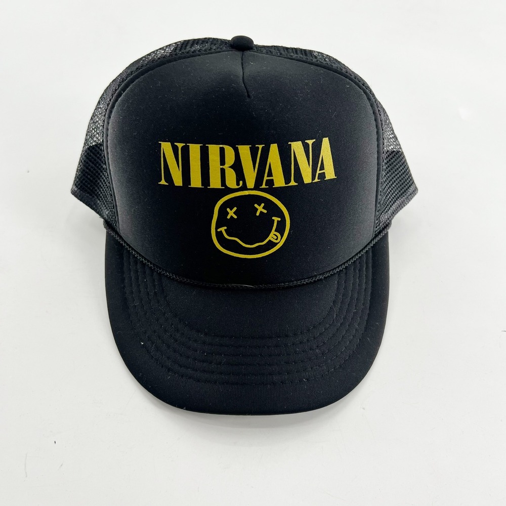 Nirvana Smiley Face Black Trucker Hat Cobra Snapback Mesh Band Cap Mens Womens